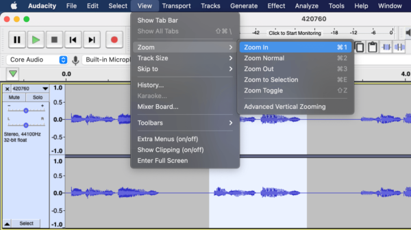 audacity audio editor trimming